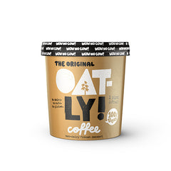 One pint of Oatly Frozen Dessert Ice Cream, Coffee flavored. Non-dairy and Vegan. No gluten or nuts.
