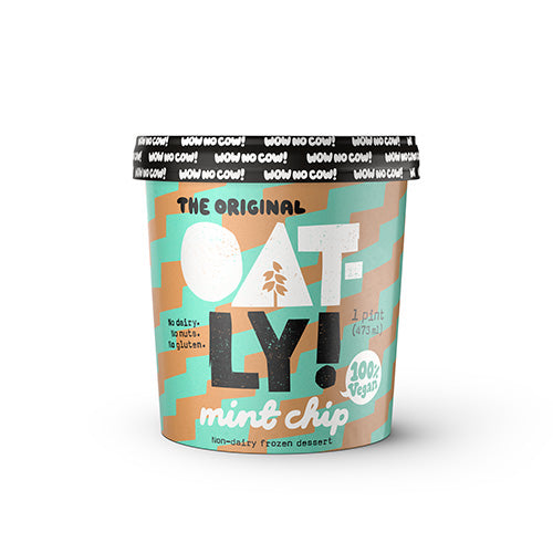 One pint of Oatly Frozen Dessert Ice Cream, Mint Chip flavored. Non-dairy and Vegan. No gluten or nuts.