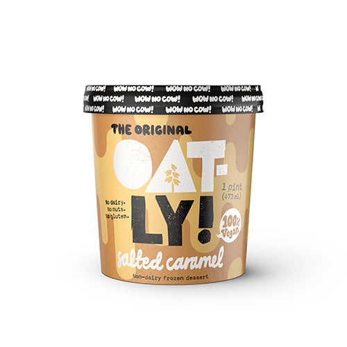 One pint of Oatly Frozen Dessert Ice Cream, Salted Caramel flavored. Non-dairy and Vegan. No gluten or nuts.