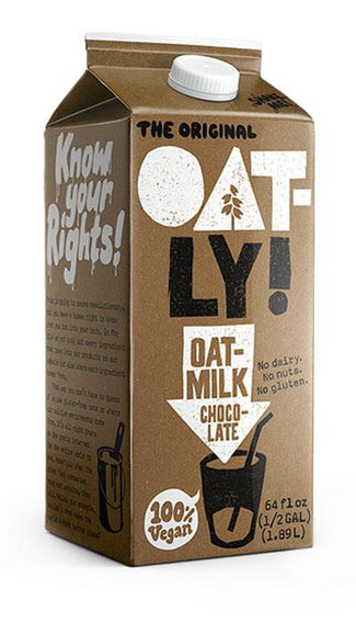 32oz Oatly Chocolate Chilled Oatmilk. No dairy. No nuts. No gluten.