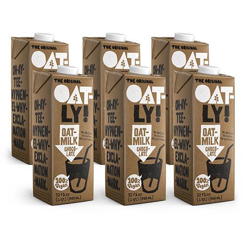 6-Pack of 32oz Oatly Chocolate Oatmilk. No dairy. No nuts. No gluten.
