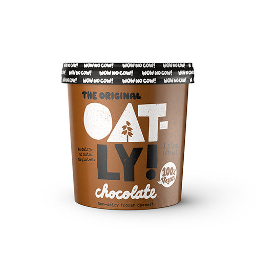 One pint of Oatly Frozen Dessert Ice Cream, Chocolate flavored. Non-dairy and Vegan. No gluten or nuts.