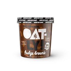 One pint of Oatly Frozen Dessert Ice Cream, Fudge Brownie flavored. Non-dairy and Vegan. No gluten or nuts.