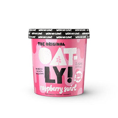 One pint of Oatly Frozen Dessert Ice Cream, Raspberry Swirl flavored. Non-dairy and Vegan. No gluten or nuts.