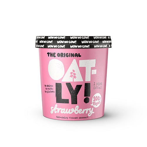 One pint of Oatly Frozen Dessert Ice Cream, Strawberry flavored. Non-dairy and Vegan. No gluten or nuts.