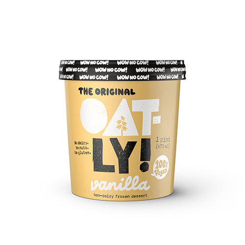 One pint of Oatly Frozen Dessert Ice Cream, Vanilla flavored. Non-dairy and Vegan. No gluten or nuts.